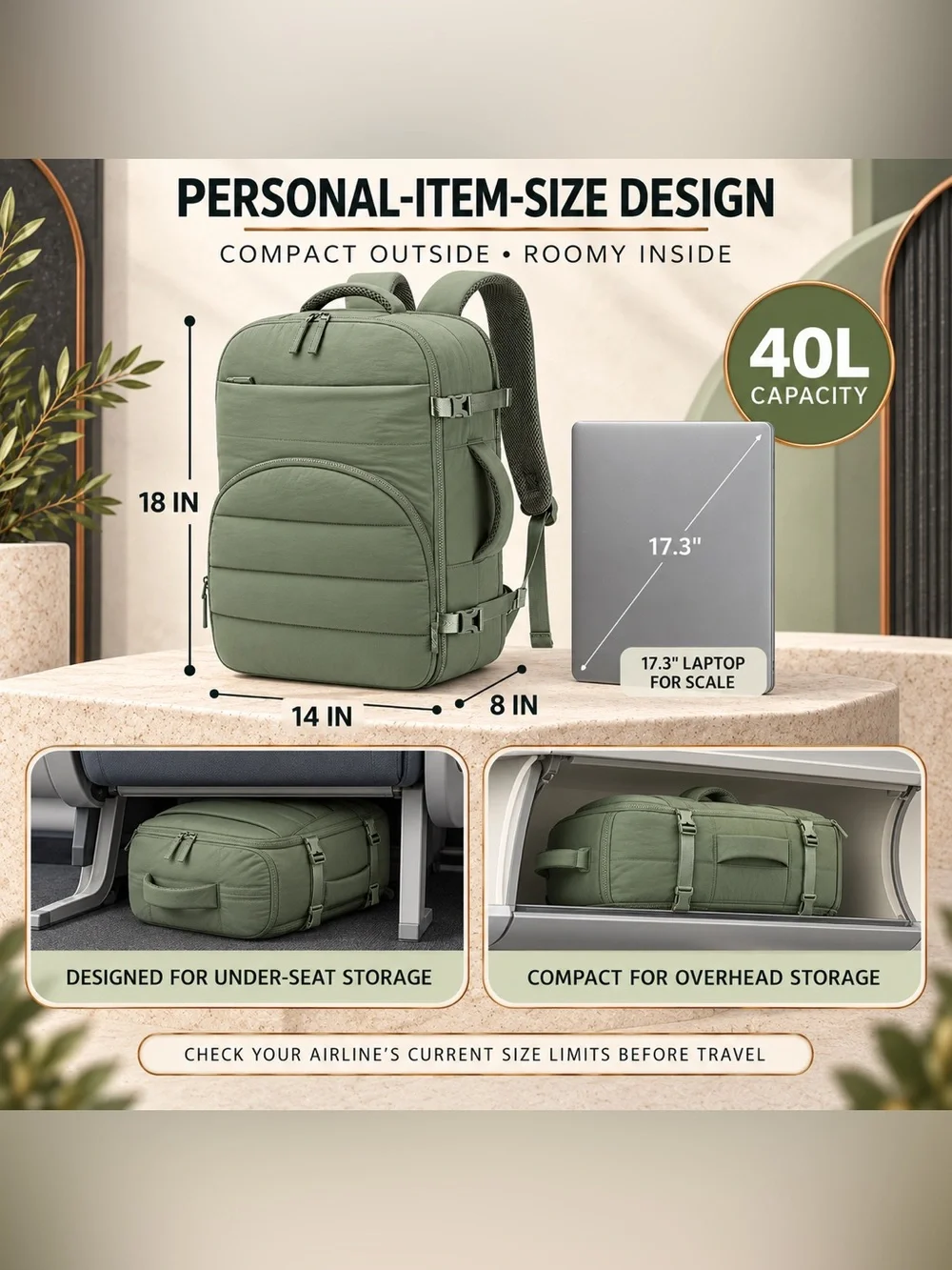 Puffer Travel Backpack 18x14x8 Personal Item 17.3” Laptop Beige